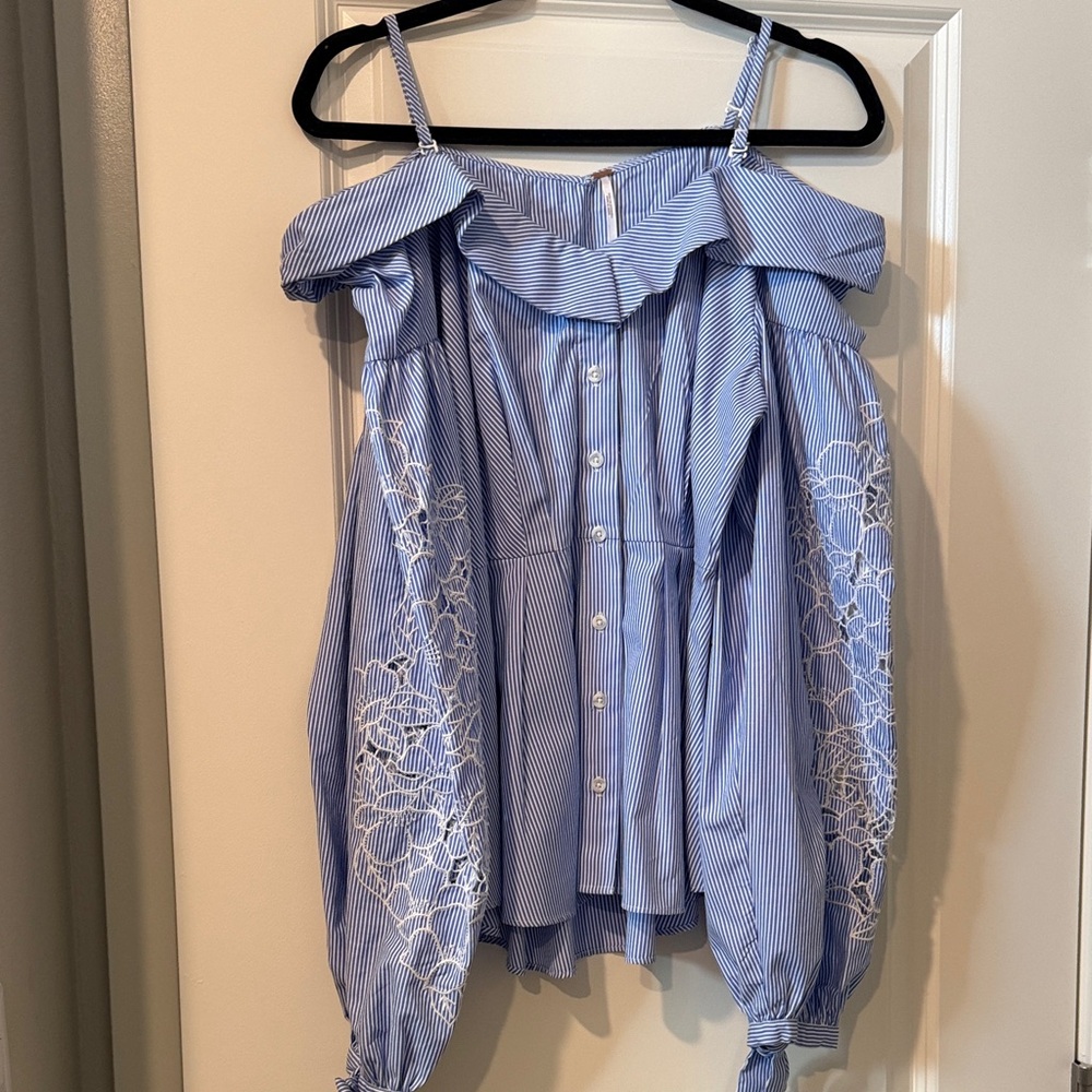 Free People Blue Striped Off-Shoulder Blouse